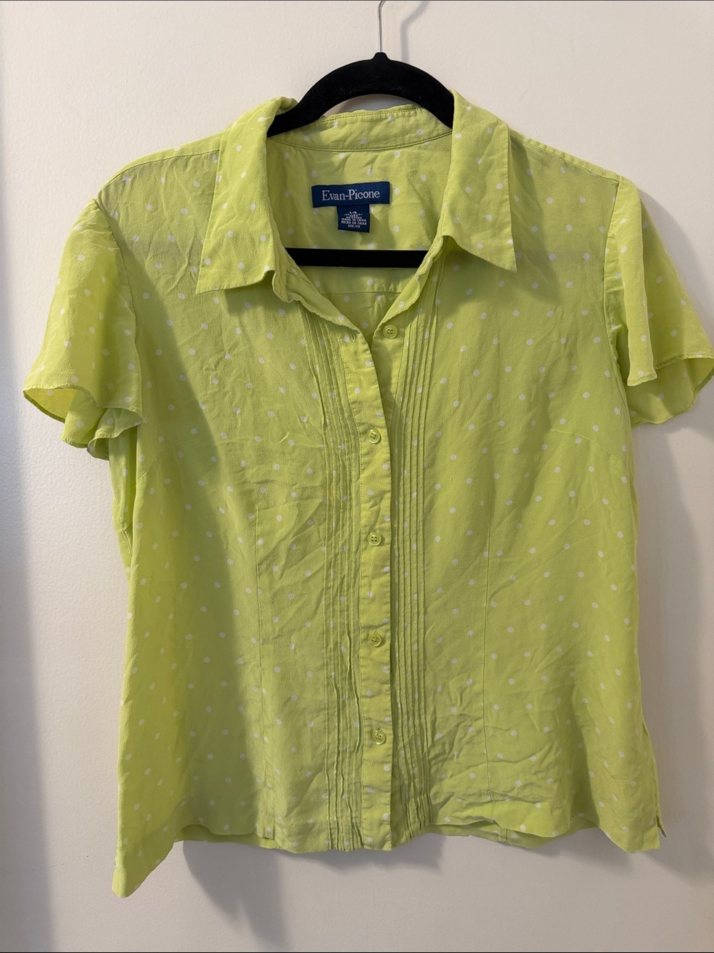 VTG 90’s Evan Picone Lime Green Silk Polka Dot Button-Front Blouse